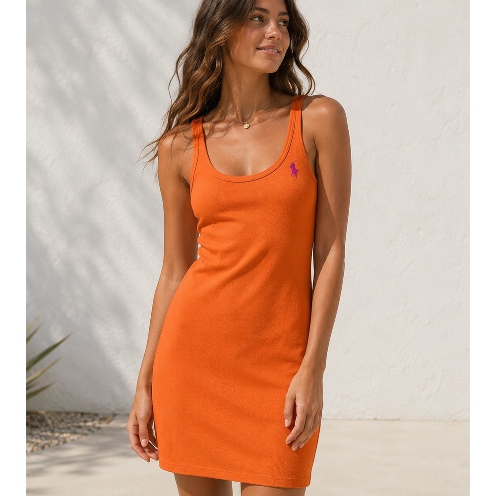 Vintage Y2K Ralph Lauren Polo Sport Tank Dress Sz M Orange Pink Pony 100% Cotton